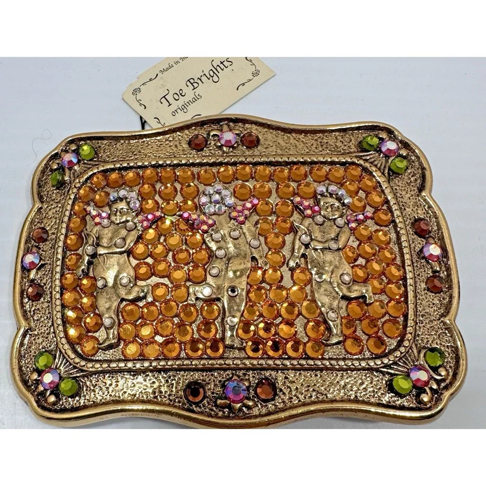 Toe Brights Cherub Angel Rhinestone Belt Buckle Gold Tone Made In India